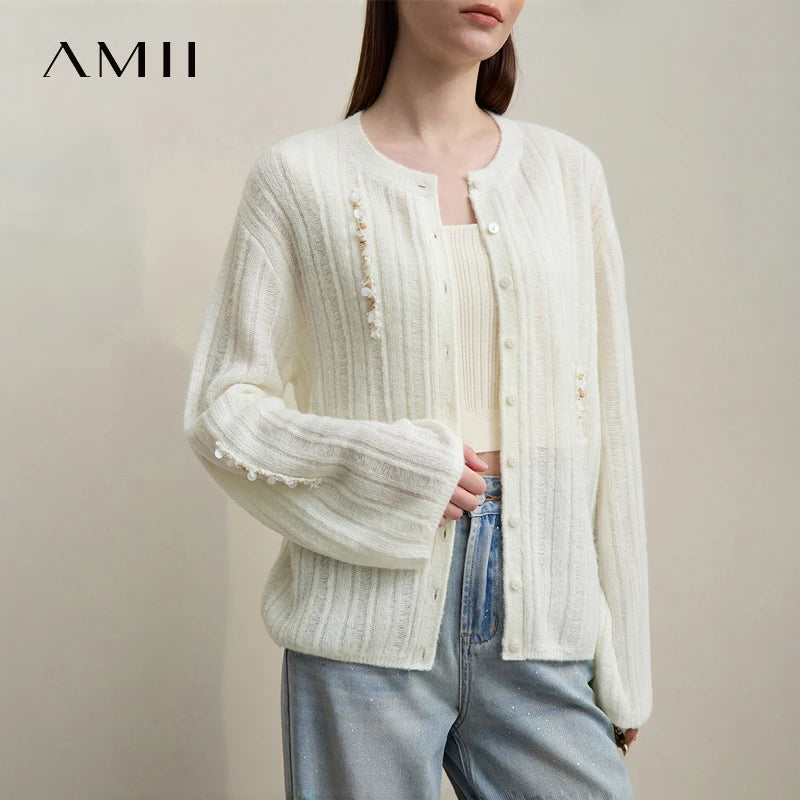 Damen-Strickjacke Rundhals Wolle locker überschnittene Schulter einreihig Frühling