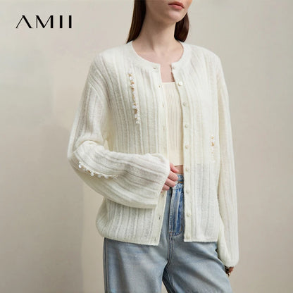 Damen-Strickjacke Rundhals Wolle locker überschnittene Schulter einreihig Frühling