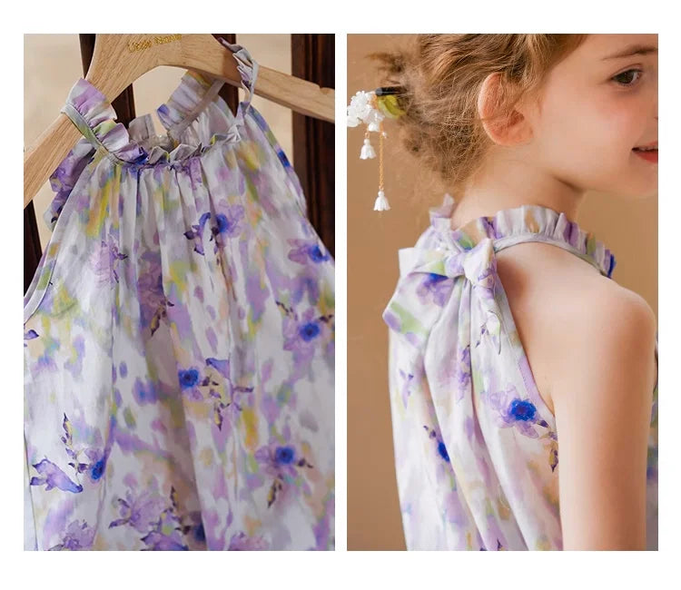 Sommerliches Mädchenkleid aus 100% Baumwolle mit kurzen Ärmeln und Tulpenblumenmuster – niedliche Freizeitkleidung für Kinder von 3 bis 14 Jahren