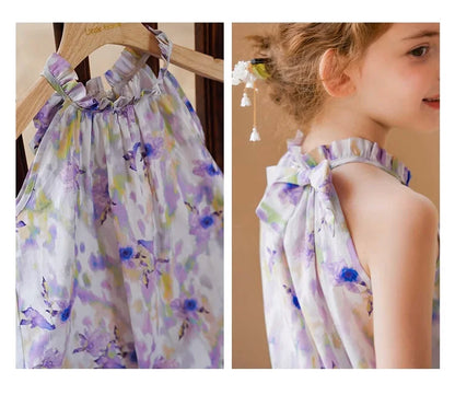 Sommerliches Mädchenkleid aus 100% Baumwolle mit kurzen Ärmeln und Tulpenblumenmuster – niedliche Freizeitkleidung für Kinder von 3 bis 14 Jahren