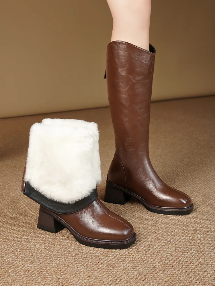 Women Winter Boots Genuine Leather Natural Wool Warm Female Knight Boots Square Toe Back Zipper Western Cowboy Boots Women