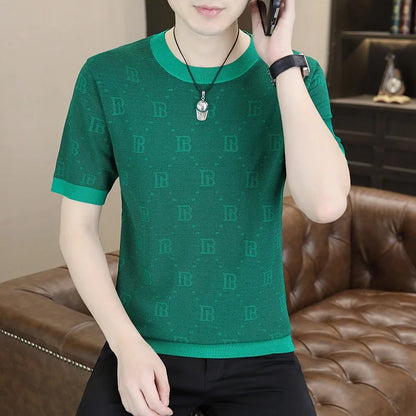 Herren Kurzarm T-Shirt aus Jacquard gestricktem Material im Retro-Stil für Sommer