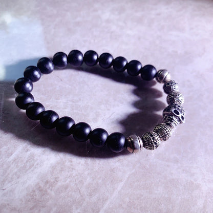 Damen-Armband Totenkopf-Kreuz Punk Obsidian II aus Sterlingsilber