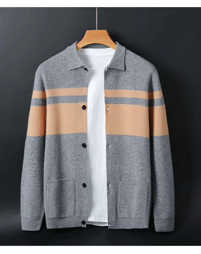 2024 neue Mode Wolle Strickjacke Mantel Top Herren Revers Business Casual Strickpullover Trend Hot Frühling und Herbst gestreift Langarm