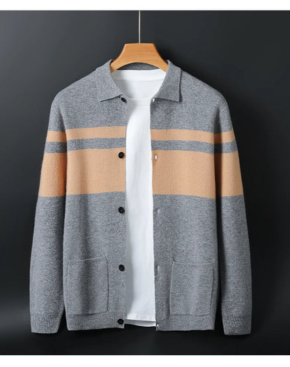 2024 neue Mode Wolle Strickjacke Mantel Top Herren Revers Business Casual Strickpullover Trend Hot Frühling und Herbst gestreift Langarm