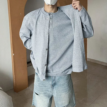 Herbst Vintage gefälschte zweiteilige Sweatshirts für Männer einfarbige Henley Neck Button Jacken koreanische Mode lose y2k Sudaderas
