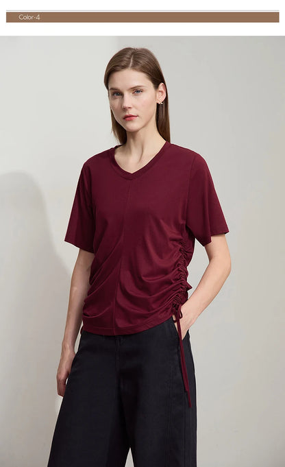 Damen T-Shirt mit solidem V-Ausschnitt und Kordelzug für den Sommer