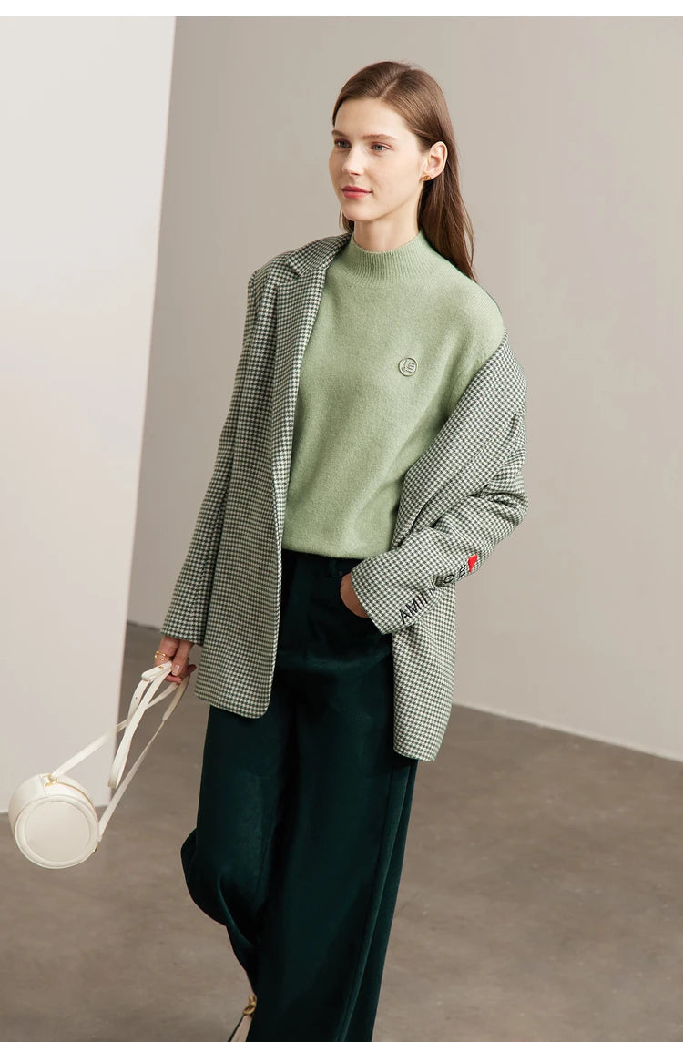 Damen-Pullover mit halbem Rollkragen, Stickemblem, hellgrün, lange Ärmel