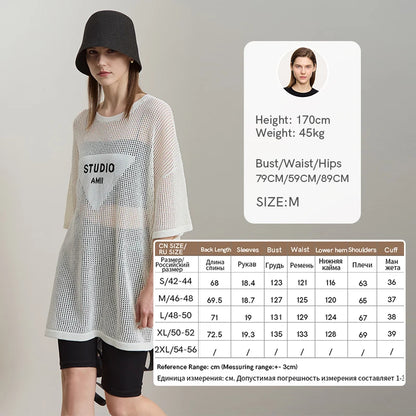 Damen-Rundhalspullover Buchstaben-Jacquard Halbarm locker Sommer