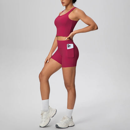 Fitness-Set für Damen: Weste und Laufshorts, dunkelrot