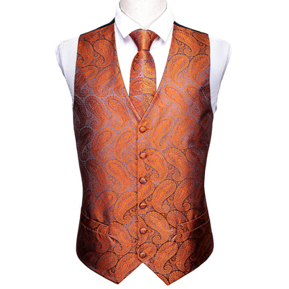 Herren-Weste in Orange-Braun mit Paisley-Muster, V-Ausschnitt und Knopfleiste, Seidenoptik