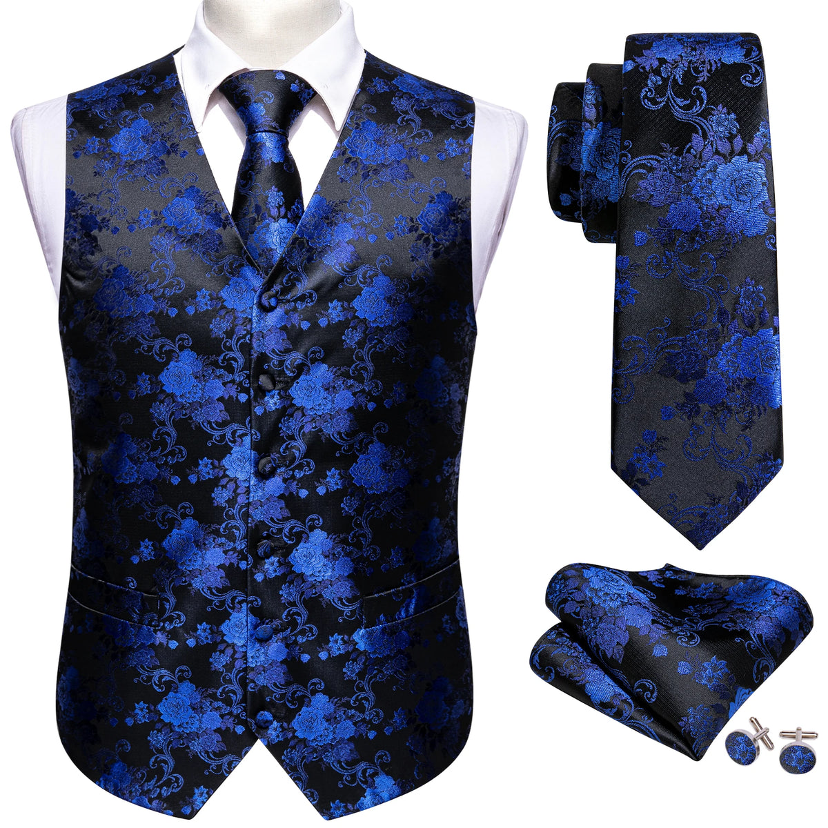 Seidenweste-Set für Herren: blaue Weste mit Paisley/Blumenprint, inkl. Krawatte & Einstecktuch.