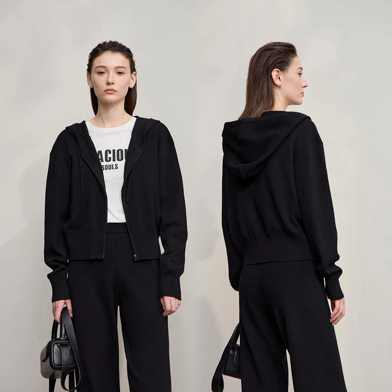 Damen-Strickjacke Kapuze Reißverschluss locker 2-teilig Set Herbst
