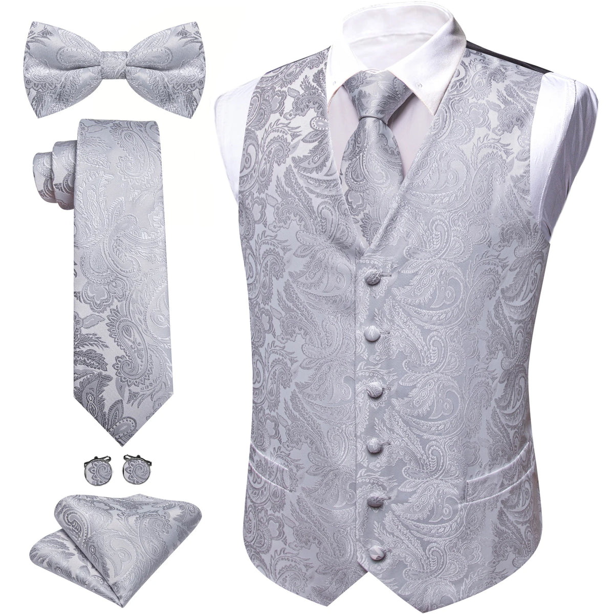 Anzugweste-Set mit Paisley-Muster in Hellgrau, mit Krawatte, Fliege und Einstecktuch