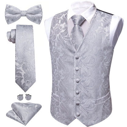 Anzugweste-Set mit Paisley-Muster in Hellgrau, mit Krawatte, Fliege und Einstecktuch