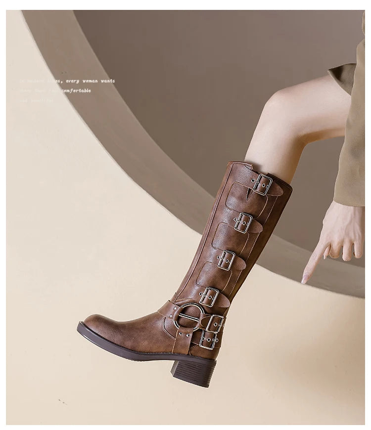 AIYUQI Women Cowboy Boots 2025 Autumn New Belt Buckle Women Marton Boots British Style Large Size 41 42 43 Women Long Boots