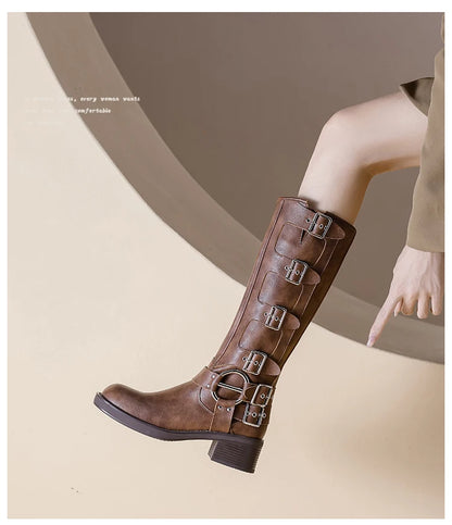 AIYUQI Women Cowboy Boots 2025 Autumn New Belt Buckle Women Marton Boots British Style Large Size 41 42 43 Women Long Boots