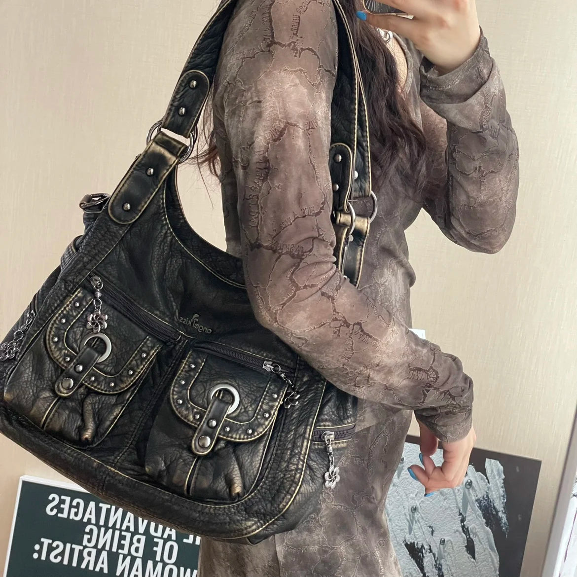 Damen-Schultertasche aus PU Bronze Retro-Stil mit Topgriff und Smartphonefach große Kapazität