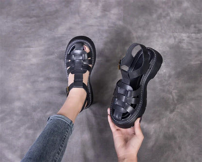 AIYUQI Sandalen Frauen Sommer 2025, Neue Echtes Leder Baotou Römischen Sandalen Damen Retro Hohl Gewebt Frauen Sandalen