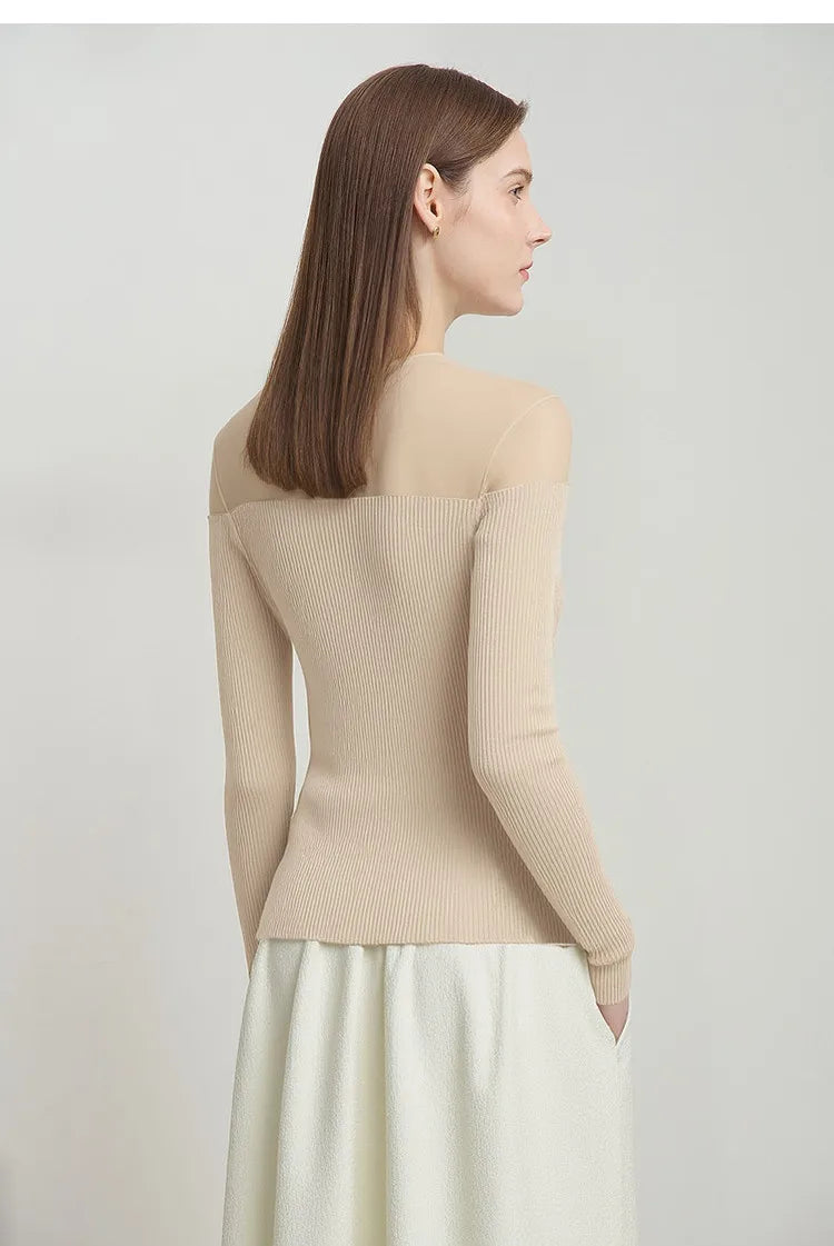 Damen V-Ausschnitt Pullover Viskose Mesh Organza Slim Frühling