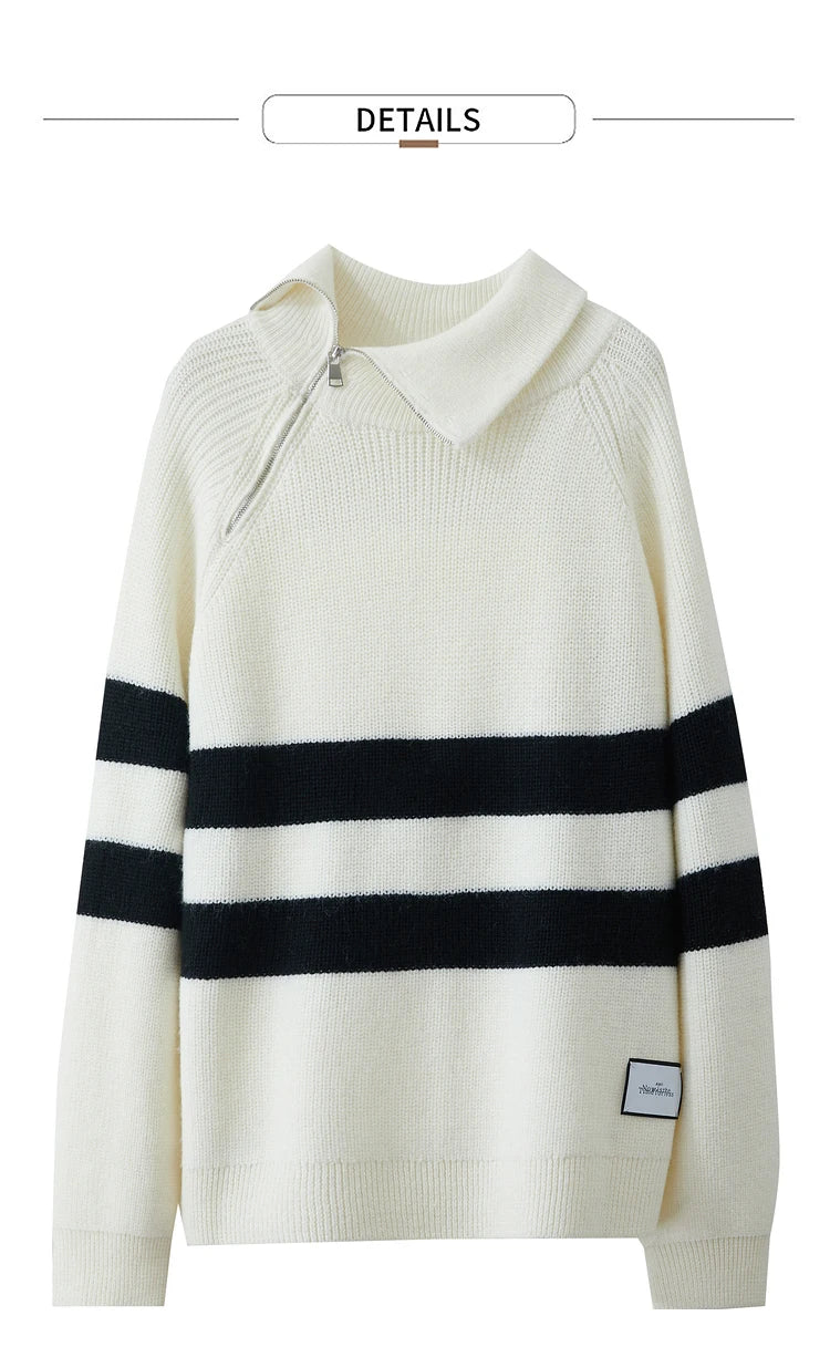 Damen-Pullover mit Rollkragen, cremefarben mit schwarz-weißen Streifen und Reißverschluss