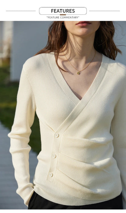 Damen V-Ausschnitt Pullover Kaschmir Slim Shirring Büro Frühling