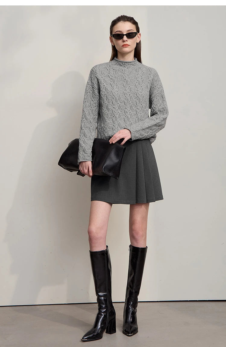 Damen-Strickpullover mit Stehkragen, langarm, grau meliert, Standansicht
