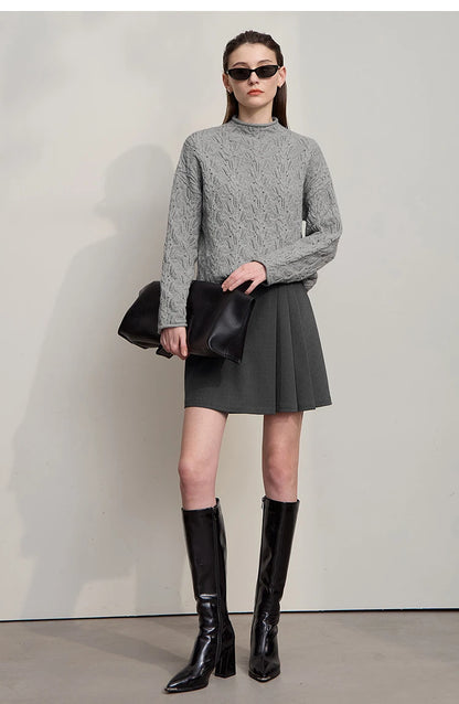 Damen-Strickpullover mit Stehkragen, langarm, grau meliert, Standansicht