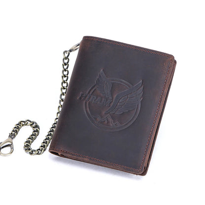 Herren Echtleder Geldbörse Trifold Metallkette RFID Kartenhalter Geldclip