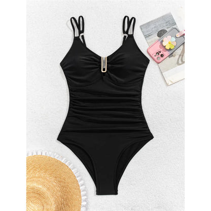 Damen Badeanzug U-Ausschnitt gerüscht hoher Beinausschnitt Monokini gepolstert