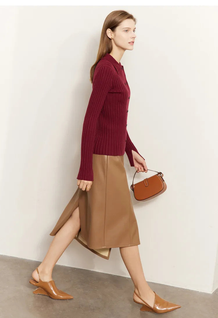 Damen-Strickjacke Polokragen Slim doppelreihig Wolle-Mix Frühling-Herbst