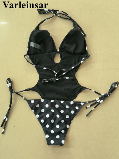 Damen-Badeanzug Polka Dots Neckholder rückenfrei High-Leg Monokini
