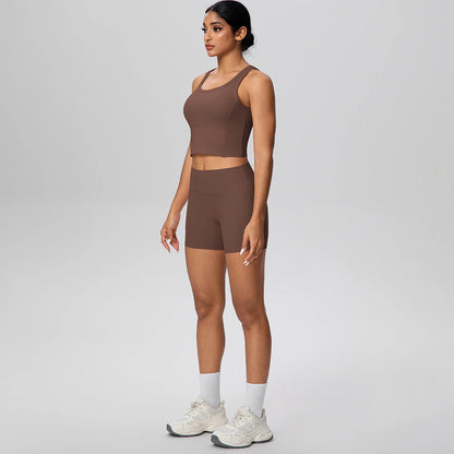 Damen Fitness-Set aus Weste und Laufshorts, braun, Seitenansicht
