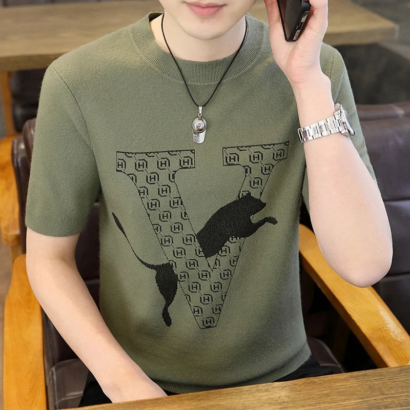 Männer Pullover im Retro-Jacquard-Stil mit lässigem Rundhalsausschnitt und kurzen Ärmeln