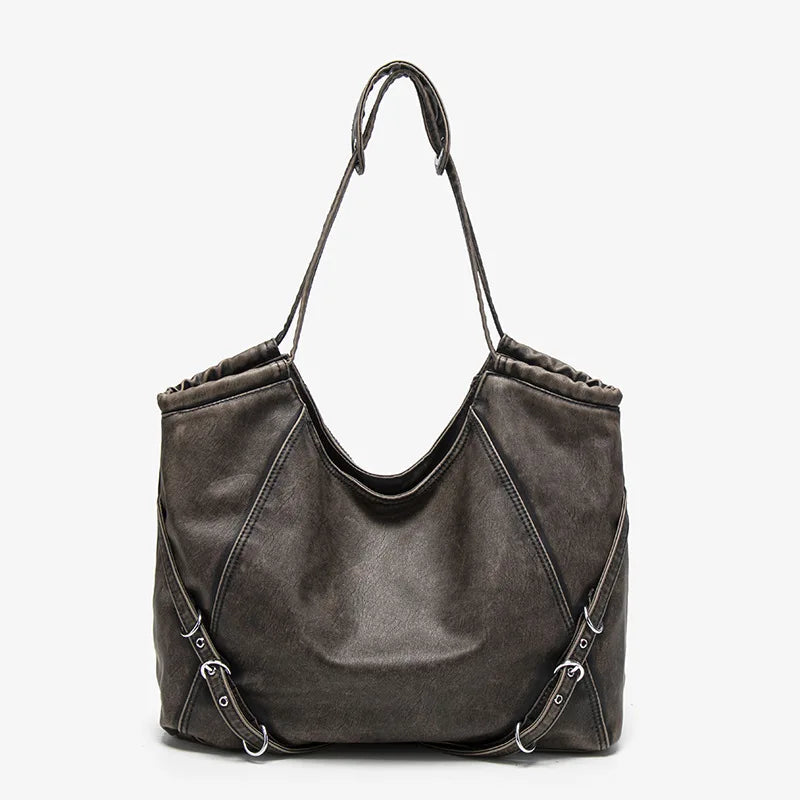 Damen-Schultertasche aus weichem PU mit verstellbaren Schnallenriemen und großem Fassungsvermögen dunkelgrau