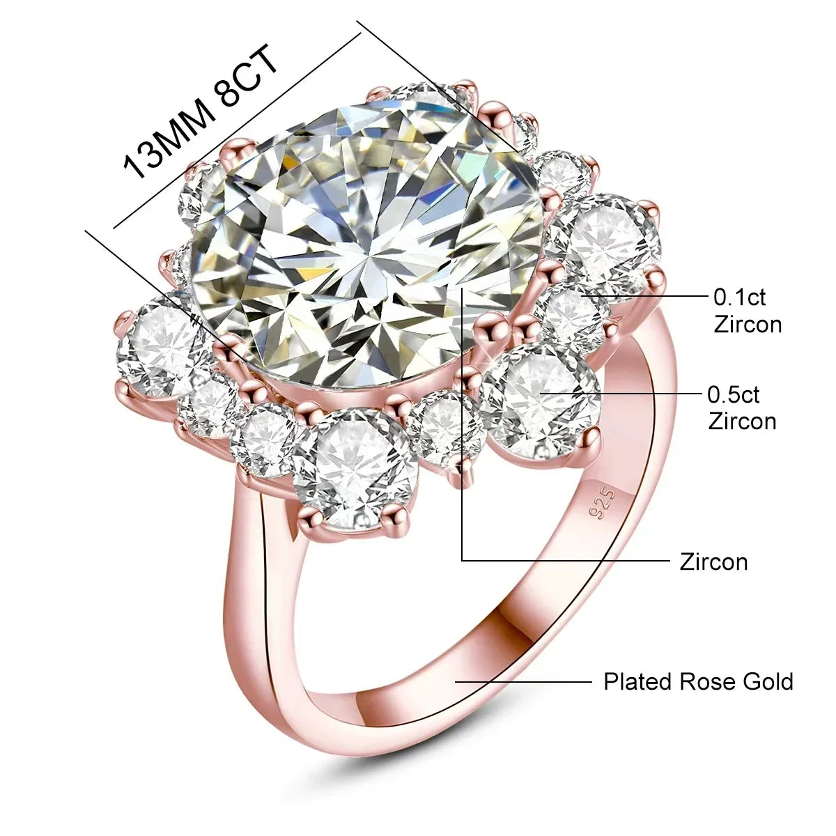 Damen-Ring Moissanit 8ct Rundschliff 13mm Zertifiziert für Verlobung oder Hochzeit