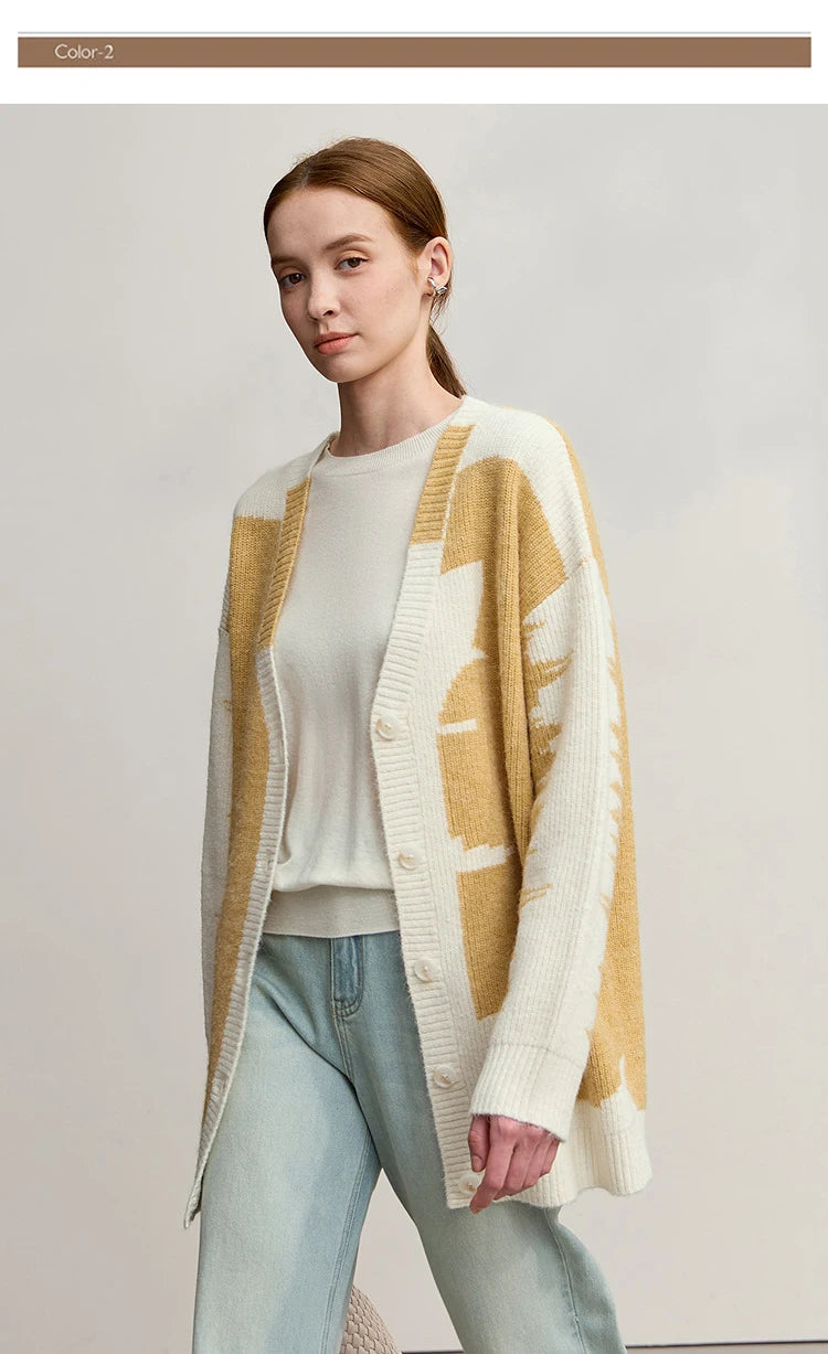 Damen V-Ausschnitt Cardigan lang Patchwork Wolle-Mix Winter