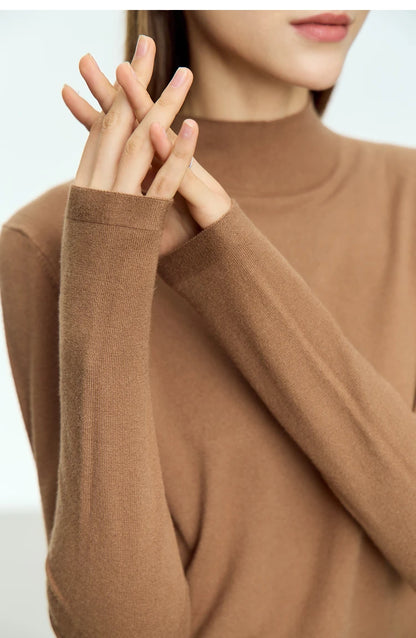 Damen-Langarmpullover mit Stehkragen, einfarbig braun, gerippte Ärmelbündchen
