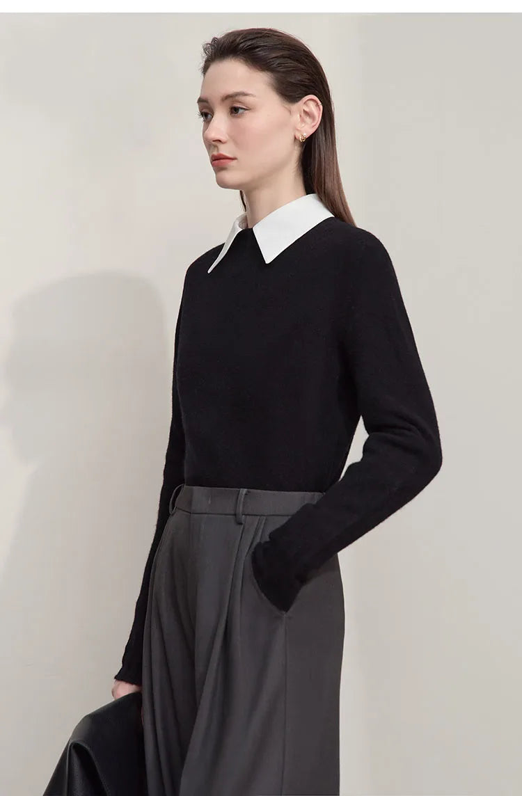 Schwarzer Wollpullover mit langem Arm und hoher schmaler Schlupf-Kragenform