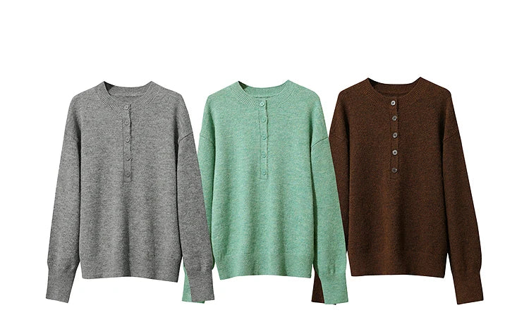 Damenpullover, Henley-Stil: grau, grün und braun nebeneinander