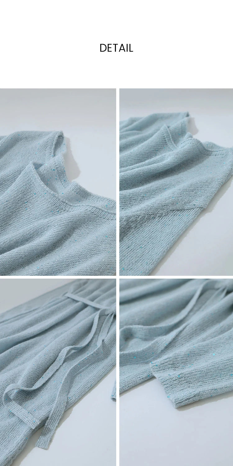 AMII Strickpullover-Top hellblau, schulterfrei, Rundhals, gerippter Saum