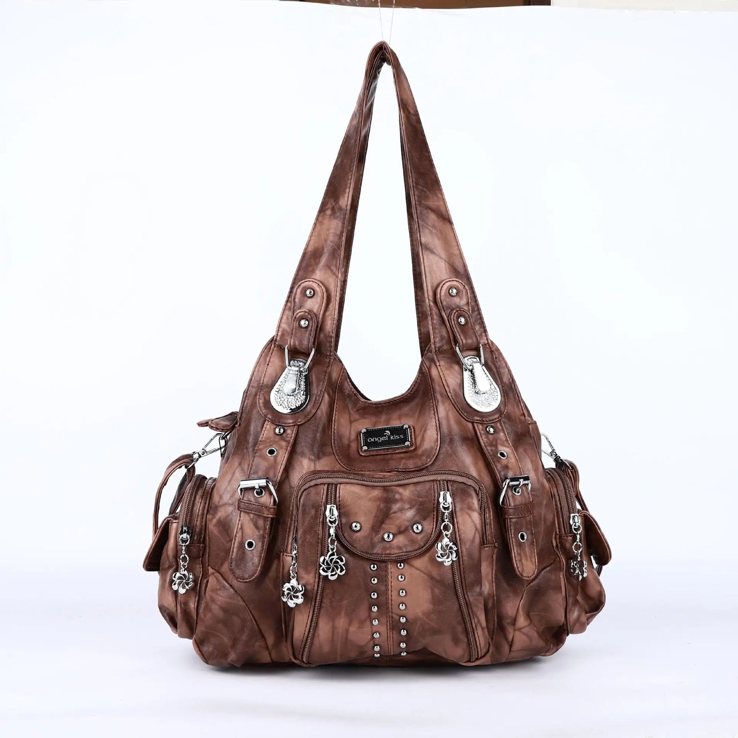 Braune Damen-Schultertasche aus Kunstleder mit mehreren Front-Zierstichen und Taschen