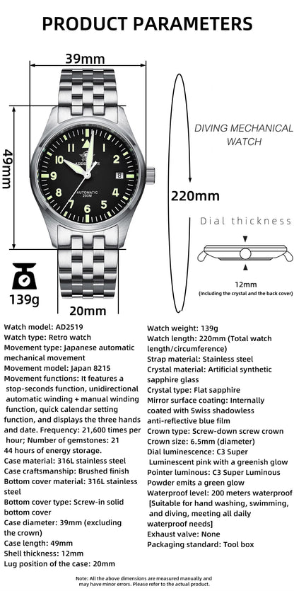 Herren Automatik-Taucheruhr 200m wasserdicht C3 Leuchtzeiger mechanisch