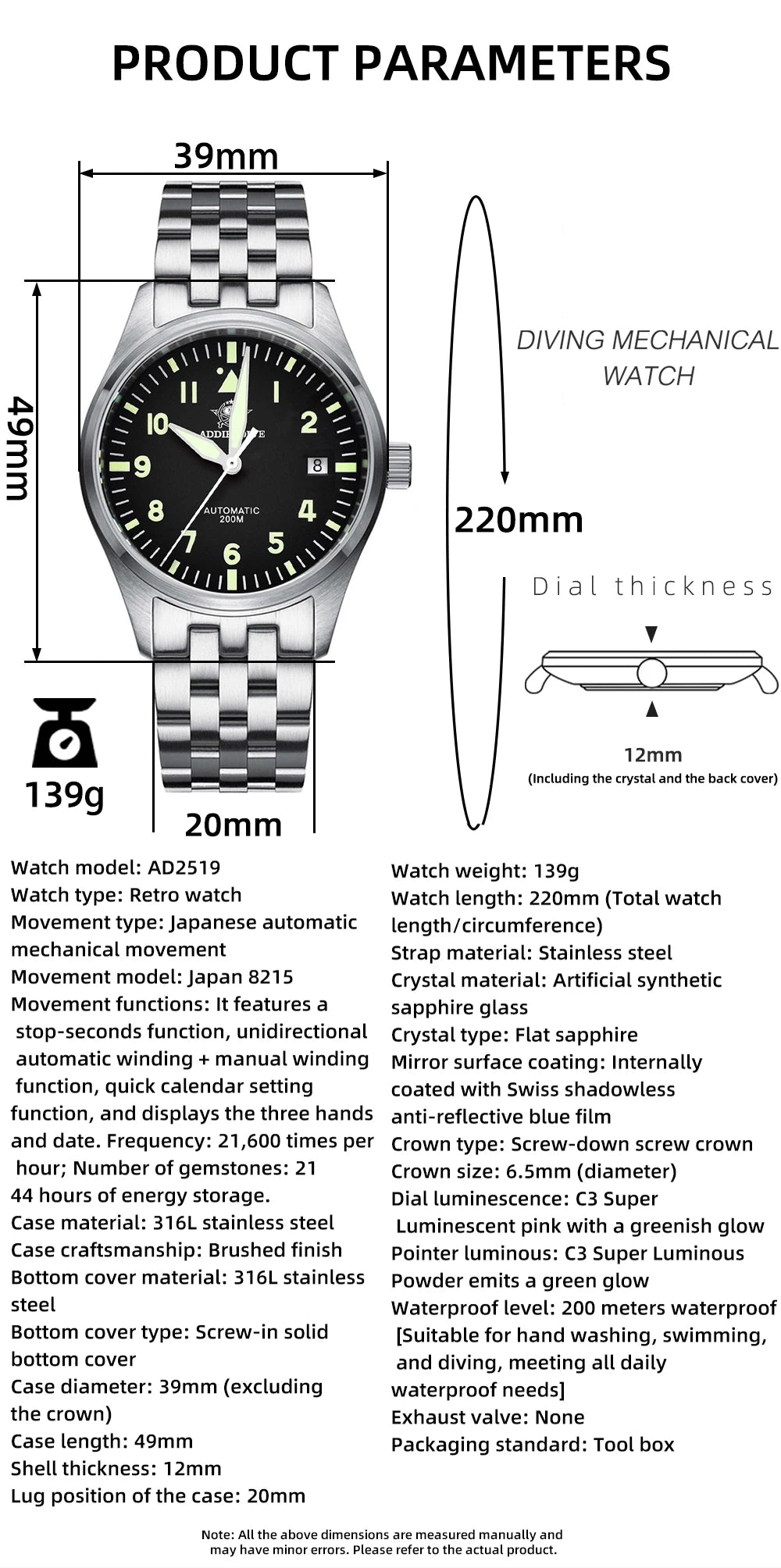 AD2519 Herren Klassik-Automatikuhr 200m 316L Edelstahl C3 Leuchtzeiger Vintage