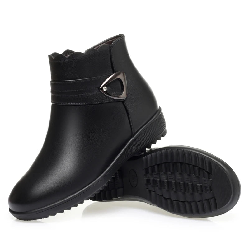 Damen Schneestiefel aus echtem Leder mit rutschfestem flachem Boden