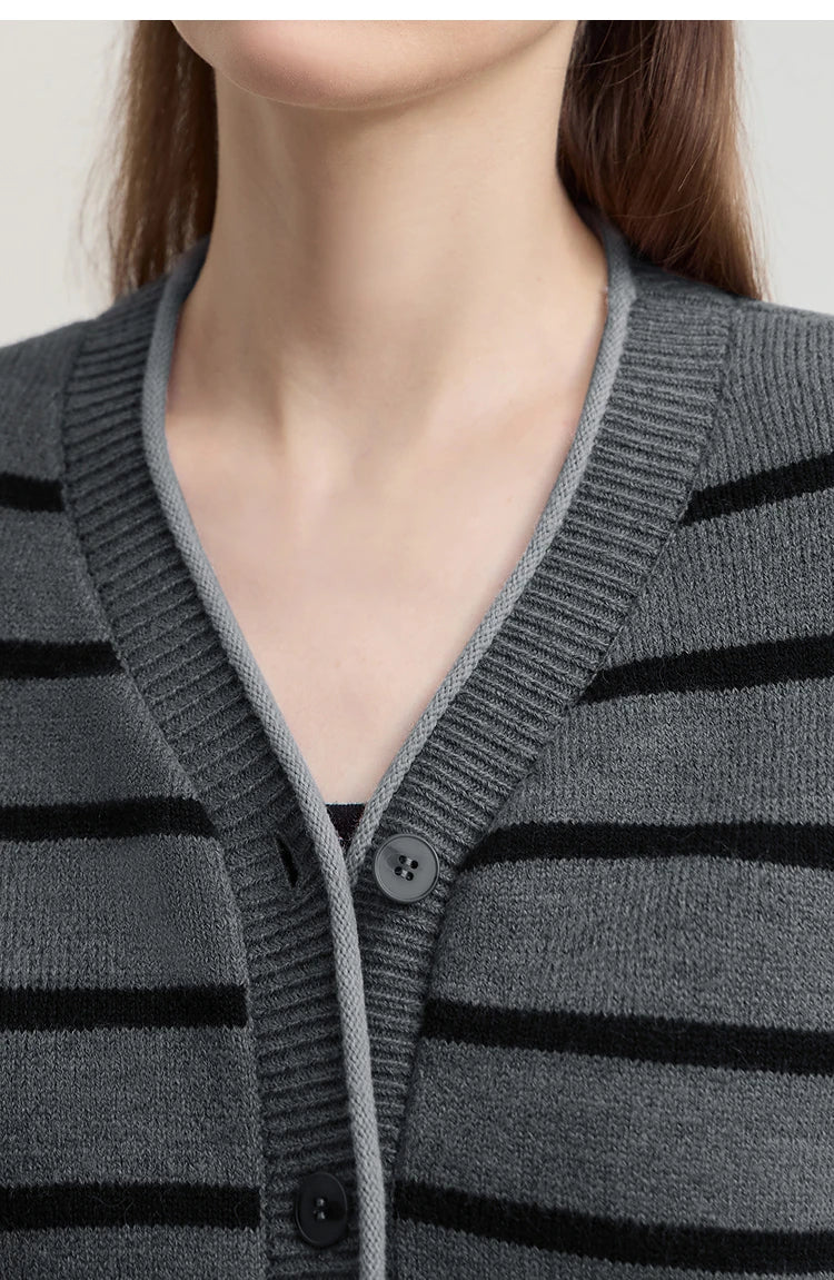Damen-Strickjacke Streifen V-Ausschnitt locker Wolle Herbst-Winter