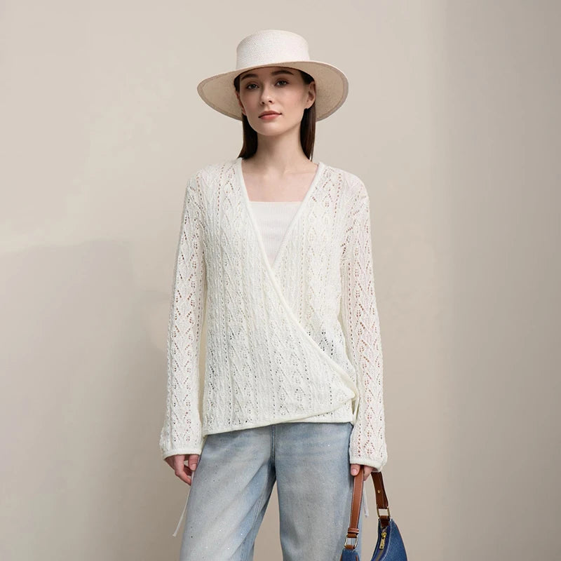 Damen-Strickjacke V-Ausschnitt Wolle Hohlstrick locker Langarm Frühling