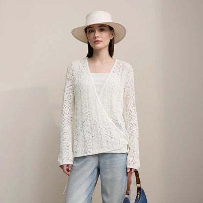 Damen-Strickjacke V-Ausschnitt Wolle Hohlstrick locker Langarm Frühling