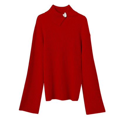 Damen-Pullover aus Rippenstrick, rot, lockerer Schnitt, lange Ärmel, Metallknopf am Kragen