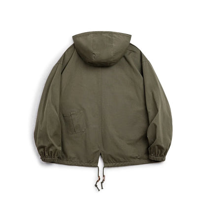 Herren Kapuzenjacke Vintage Grün Lockere Taschen Versteckte Knopfleiste